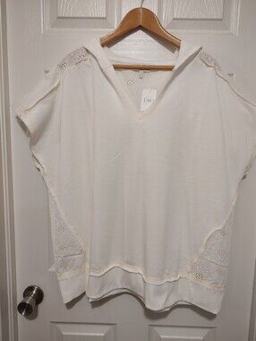 Cato Cream Hooded Crochet-Trim Tunic Top